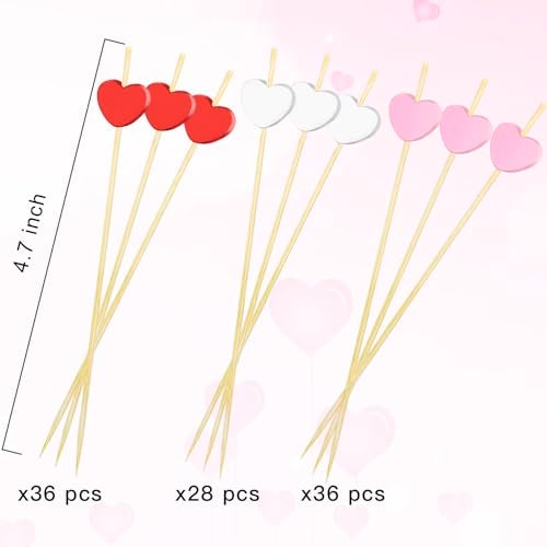 FUGUIR 100 Pcs Heart Cocktail Picks 4.7 Inch Long Red Pink White Heart Shaped Bamboo Toothpicks Fruit Sticks for Birthday Wedding Valentines Day Decoration Party Supplies - Image 3