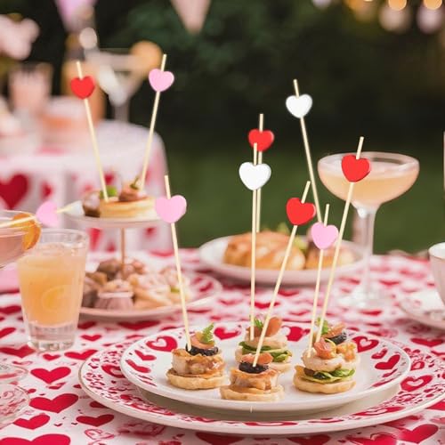 FUGUIR 100 Pcs Heart Cocktail Picks 4.7 Inch Long Red Pink White Heart Shaped Bamboo Toothpicks Fruit Sticks for Birthday Wedding Valentines Day Decoration Party Supplies - Image 4