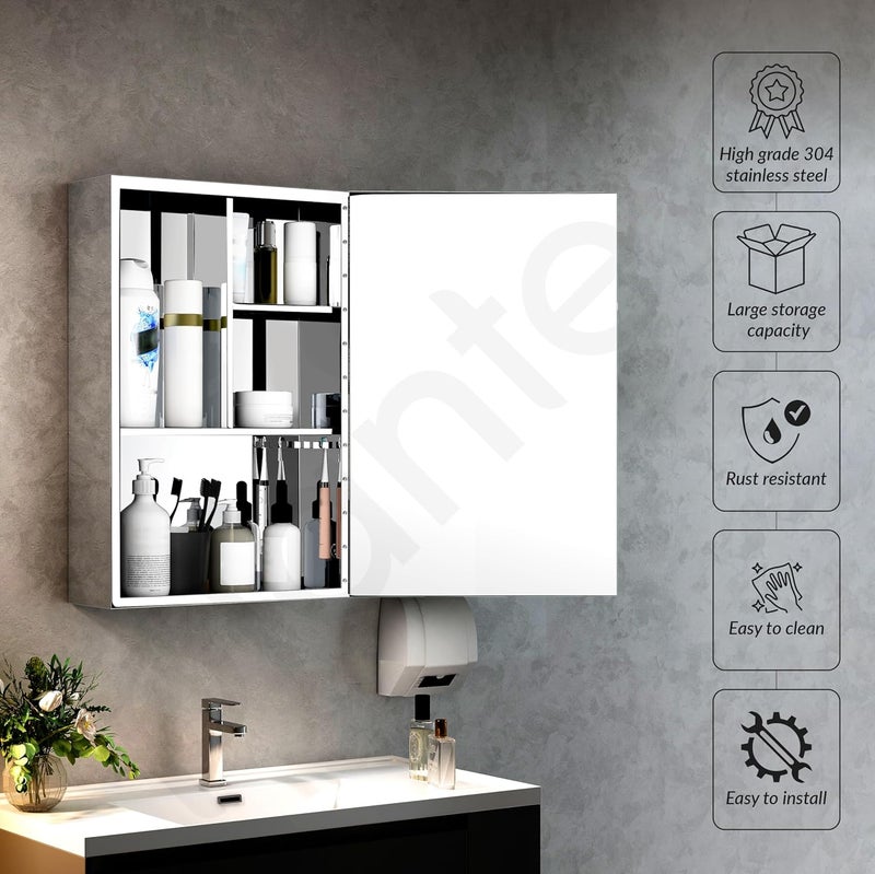 Plantex Premium Bathroom Cabinet with Mirror/ 304 Stainless Steel Mirror Cabinet for Wash Basin/Bathroom Shelf for Wall with Mirror/Bathroom Accessories (16x 24 Inch-Chrome) - Image 3