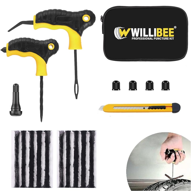 WILLIBEE 7 in 1 Universal Tubeless Tyre Puncture Repair Kit with Storage Bag | Puncher Kit Emergency Flat Tire Repair Patch for Car, Bike, SUV, Scooter, Auto & Motorcycle - Image 1