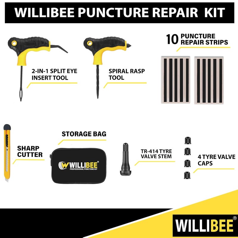 WILLIBEE 7 in 1 Universal Tubeless Tyre Puncture Repair Kit with Storage Bag | Puncher Kit Emergency Flat Tire Repair Patch for Car, Bike, SUV, Scooter, Auto & Motorcycle - Image 2