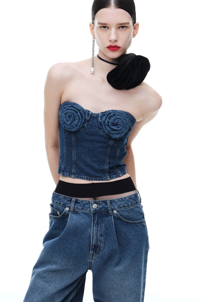H&M Rose-appliquéd denim bustier top