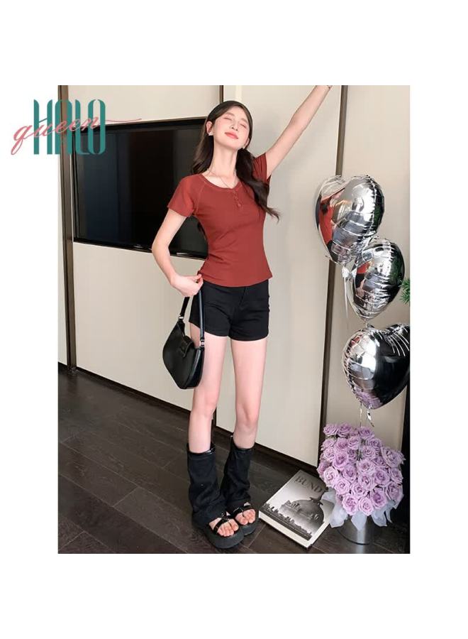 HALOQUEEN Halo Queen Women's V-neck Short Sleeve T-shirt Slim Fit Retro Summer Top H52t045 - Image 3