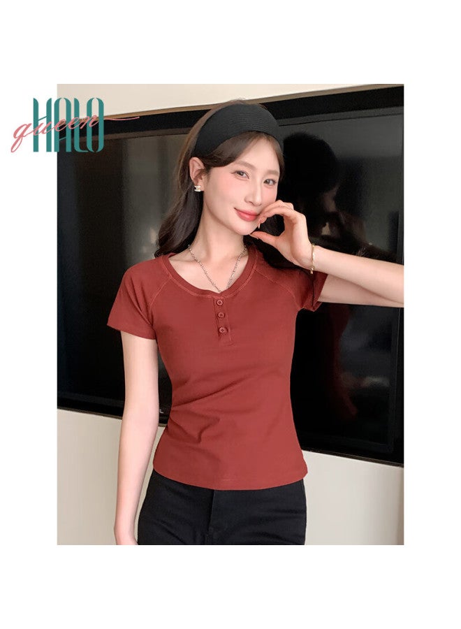 HALOQUEEN Halo Queen Women's V-neck Short Sleeve T-shirt Slim Fit Retro Summer Top H52t045 - Image 1
