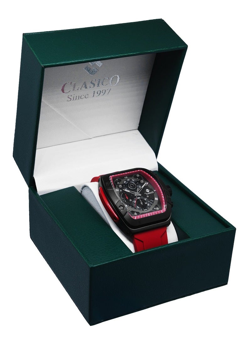 Clasico ساعة كرونوغراف فاخرة بـ 6 عقارب – إصدار كرونوغراف هيكل تونيو باللون الأحمر مع حزام سيليكون فاخر – حركة ي121 النخبوية – تصميم مقاوم للماء - Image 4