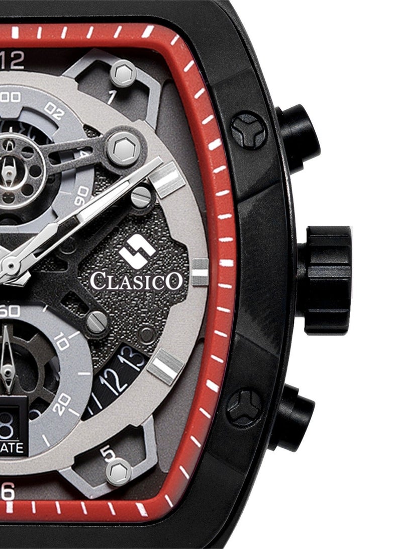 Clasico ساعة كرونوغراف فاخرة بـ 6 عقارب – إصدار كرونوغراف هيكل تونيو باللون الأحمر مع حزام سيليكون فاخر – حركة ي121 النخبوية – تصميم مقاوم للماء - Image 2