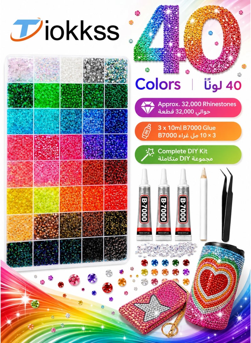 تيوكس 40 ألوان 32000pcs الراتنج جيلي راينستونز ل Bedazzling ، متعددة الألوان 3mm فلاتباك الكرام لفن الماس ، Bedazzler مجموعة مع 3pcs 10ml B7000 الغراء المجوهرات لفن الأظافر صياغة كتاب المكياج - Image 1