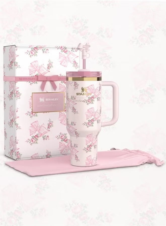 Stanley Love Shack Fancy H2.0 Flow State 40oz Cortex Tumbler, Stainless Steel Vacuum Insulated Quencher with Lid, Straw, and Stopper, Ideal for Water and Iced Tea, Keeps Drinks Cold, Presented in Elegant Gift-Ready Packaging PINK - Image 1