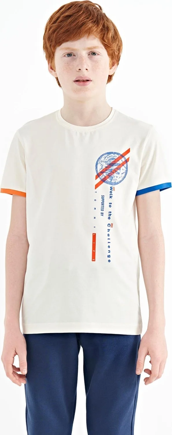 Tommy Life Ecru Print Detailed O Neck Standard Pattern Boy T-Shirt - 11131