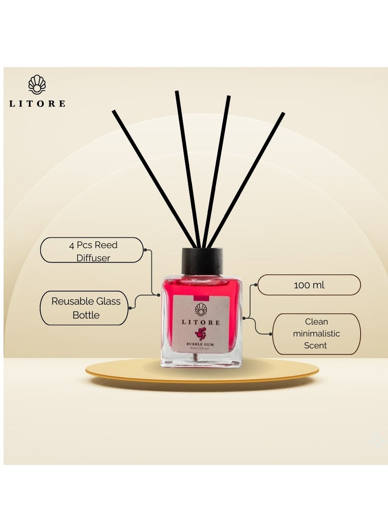 Litore - Litore Reed Diffuser - Bubblegum Fragrance, 100ml | Long-Lasting Home Fragrance | Natural & Elegant Room Diffuser - Image 1