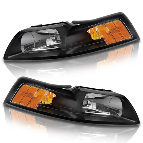ADCARLIGHTS Compatible with 1999 2000 2001 2002 2003 2004 Ford Mustang Headlights Black Housing Amber Reflector Driver and Passenger Side - Image 1
