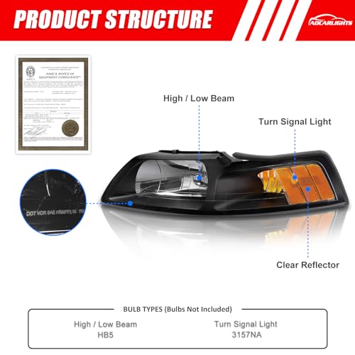 ADCARLIGHTS Compatible with 1999 2000 2001 2002 2003 2004 Ford Mustang Headlights Black Housing Amber Reflector Driver and Passenger Side - Image 2