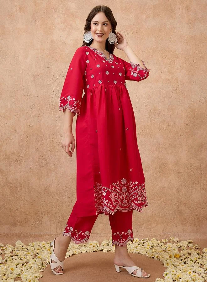globus Embroidered V Neck Scalloped Hem Kurta and Pants Festive Set