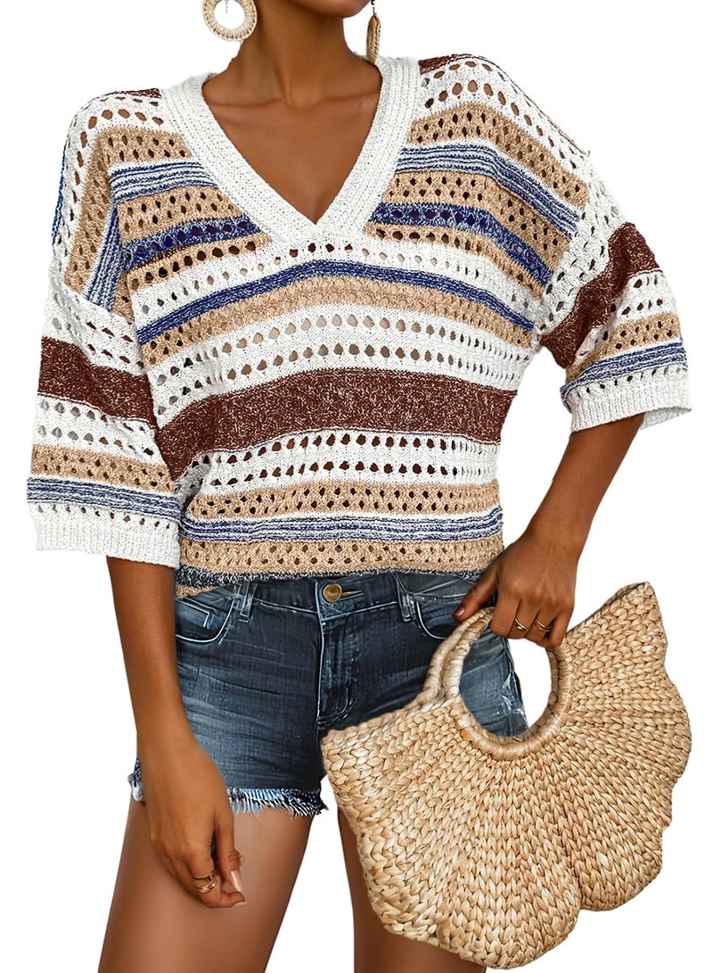Acelitt Cruise Outfits for Women 2026 Spring Summer Striped Short Sleeve Crochet Sweater Casual Loose Knitted Tops Shirt Resort Wear Brown Large - Image 1