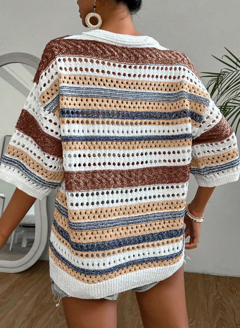 Acelitt Cruise Outfits for Women 2026 Spring Summer Striped Short Sleeve Crochet Sweater Casual Loose Knitted Tops Shirt Resort Wear Brown Large - Image 4