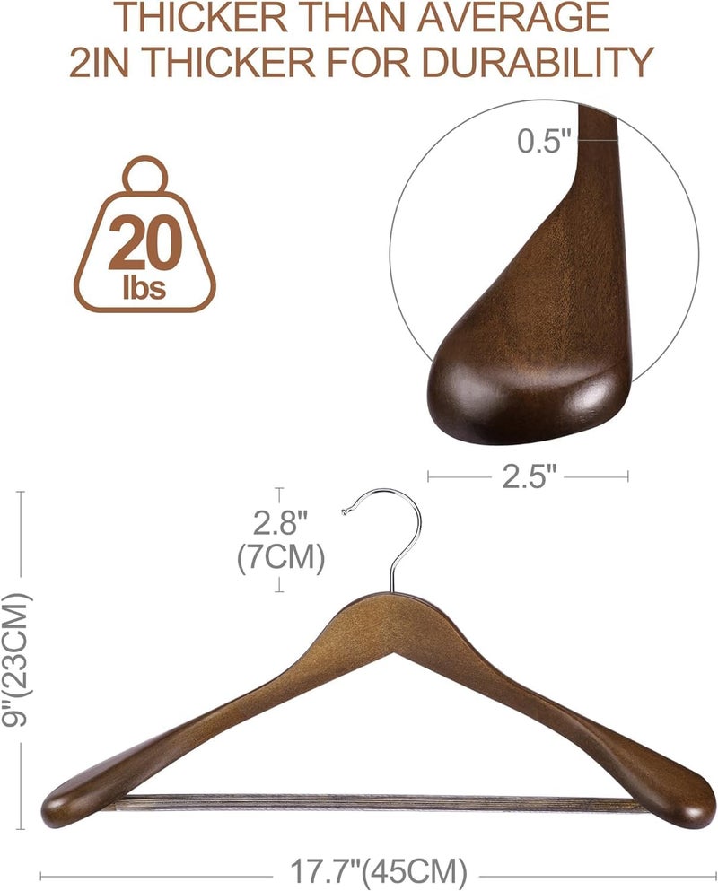 HOUSE DAY 4-Pack Wide Shoulder Wooden Hangers,Walnut Suit Hangers with Non Slip Pants Bar, Smooth Finish 360° Swivel Hook Solid Wood Coat Hangers for Dress, Jacket, Pants, Heavy Clothes Hangers - Image 2