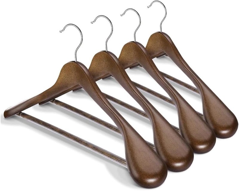 HOUSE DAY 4-Pack Wide Shoulder Wooden Hangers,Walnut Suit Hangers with Non Slip Pants Bar, Smooth Finish 360° Swivel Hook Solid Wood Coat Hangers for Dress, Jacket, Pants, Heavy Clothes Hangers - Image 1