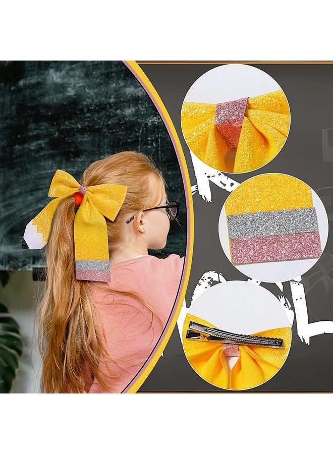 Doneace Back to School Hair Bows Clips Pencil Hair Clip Sparkly Leather Yellow Bowknot Alligator Clips for Girls Toddler Kids Kindergarten 1st 2nd 3rd 4th 5th Grade Students Hair Accessories 1PCS (Type A) - Image 3