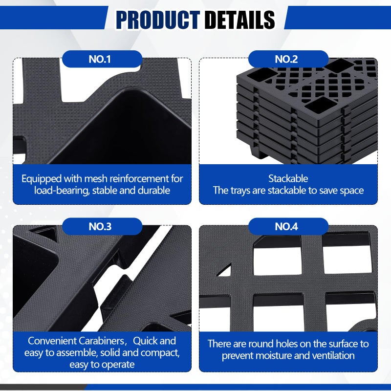 Singhoow 4 Pcs Plastic Pallets for Basement Storage Nestable Moisture Waterproof Lightweight Floor Pallets with Breathable Grid for Indoor Outdoor Supermarket Warehouse (23.6 x 15.8 x 3.9 Inch,Black) - Image 3