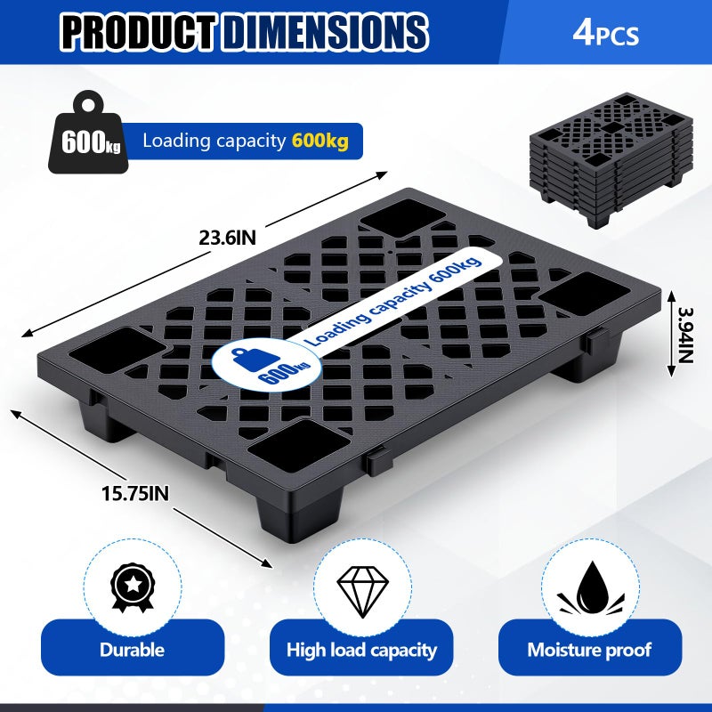 Singhoow 4 Pcs Plastic Pallets for Basement Storage Nestable Moisture Waterproof Lightweight Floor Pallets with Breathable Grid for Indoor Outdoor Supermarket Warehouse (23.6 x 15.8 x 3.9 Inch,Black) - Image 2