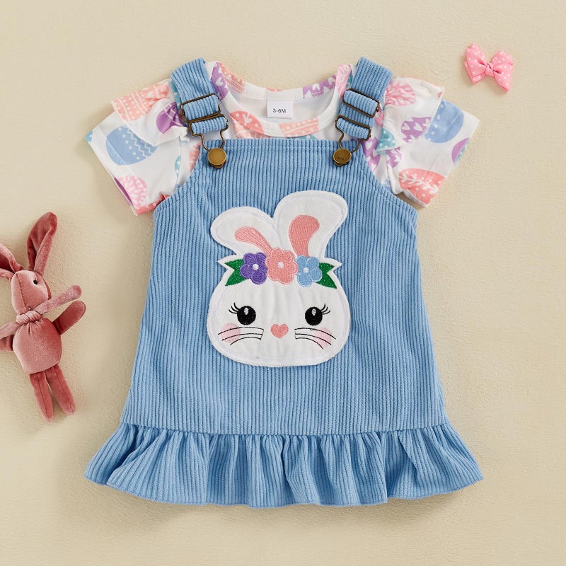 DNOMAID YZARC Easter Baby Girl Clothes Egg Short Sleeve Romper Bunny Embroidery Suspender Skirt Set Newborn Dress Outfit (Blue, 3-6 Months) - Image 3