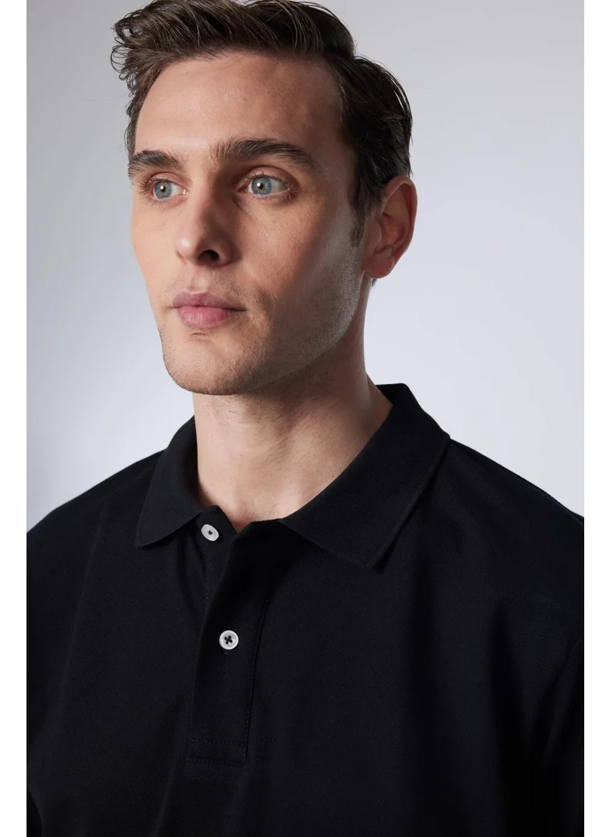 تودورس Men's Classic Fit Relaxed Cut Cotton Plain Pique Black Polo Neck T-Shirt