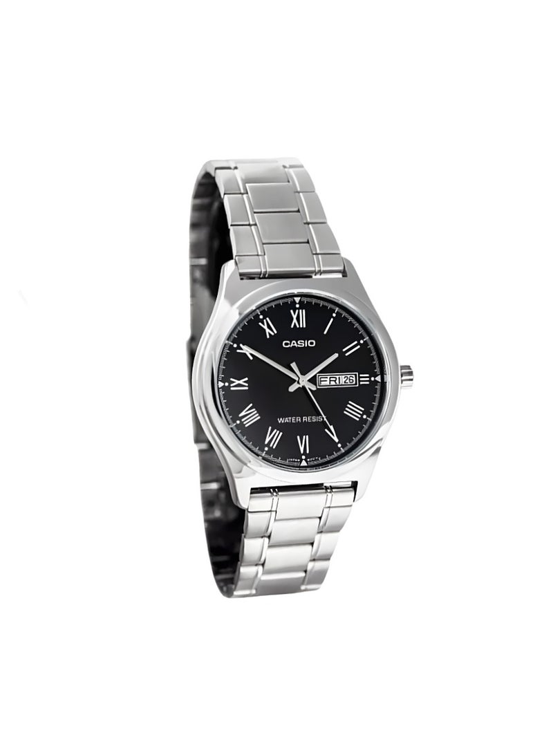 Casio Men's Classic Analog Watch, Solid Black Roman Numeral Dial, Silver Stainless Steel Bracelet, Day & Date Display, 3ATM Water Resistant MTP-V006D-1B - Image 1