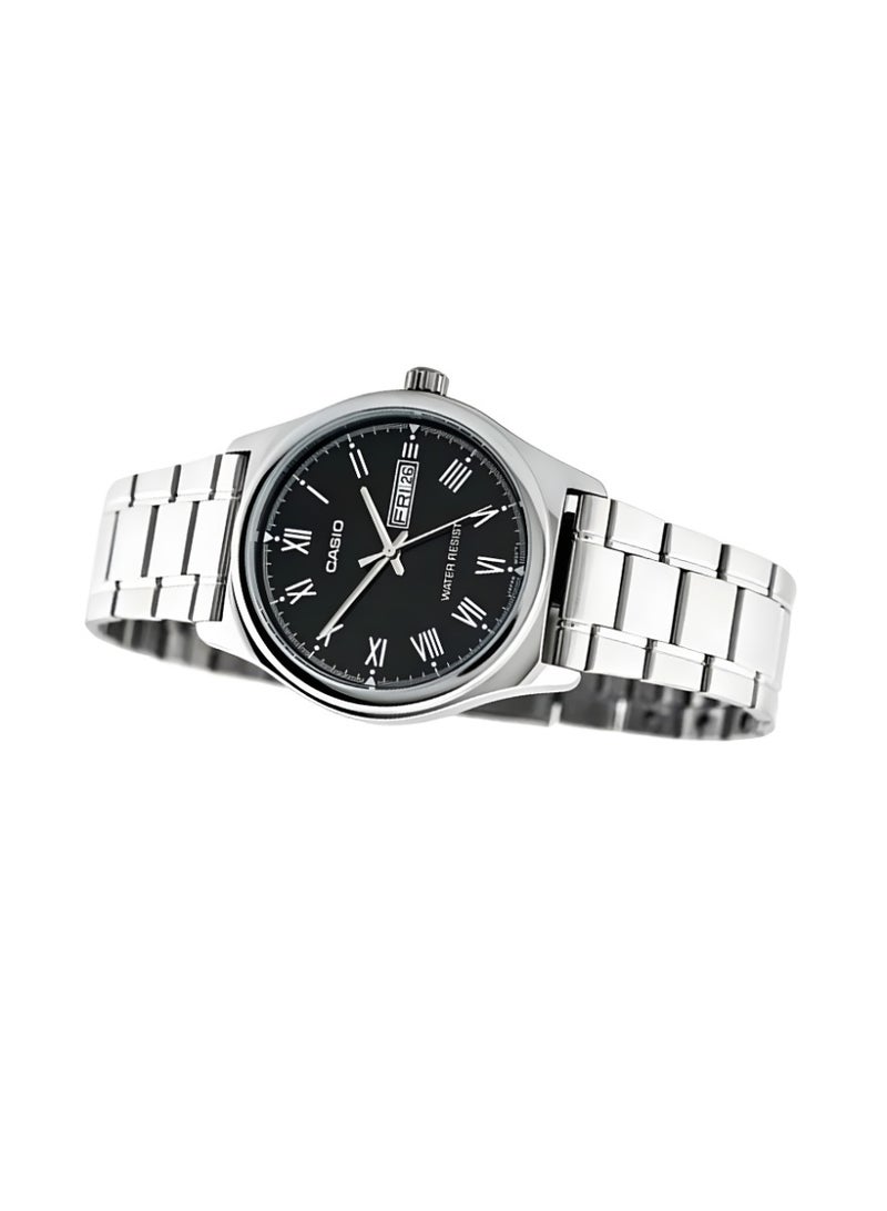 Casio Men's Classic Analog Watch, Solid Black Roman Numeral Dial, Silver Stainless Steel Bracelet, Day & Date Display, 3ATM Water Resistant MTP-V006D-1B - Image 3