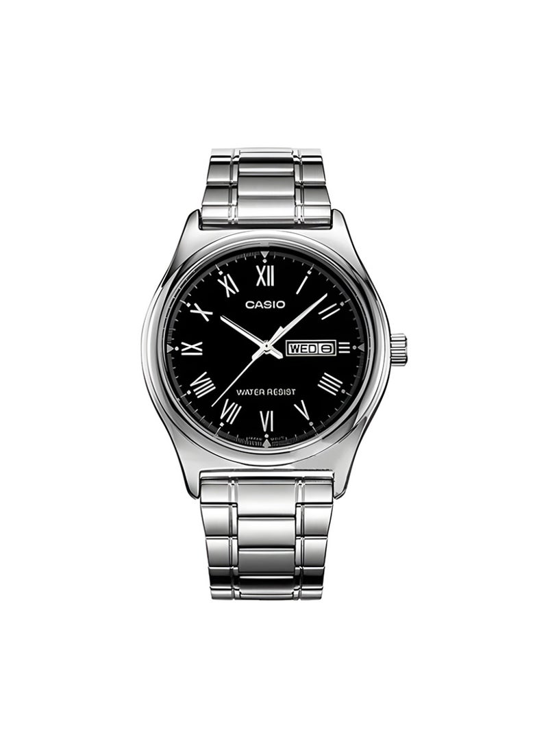 Casio Men's Classic Analog Watch, Solid Black Roman Numeral Dial, Silver Stainless Steel Bracelet, Day & Date Display, 3ATM Water Resistant MTP-V006D-1B - Image 2