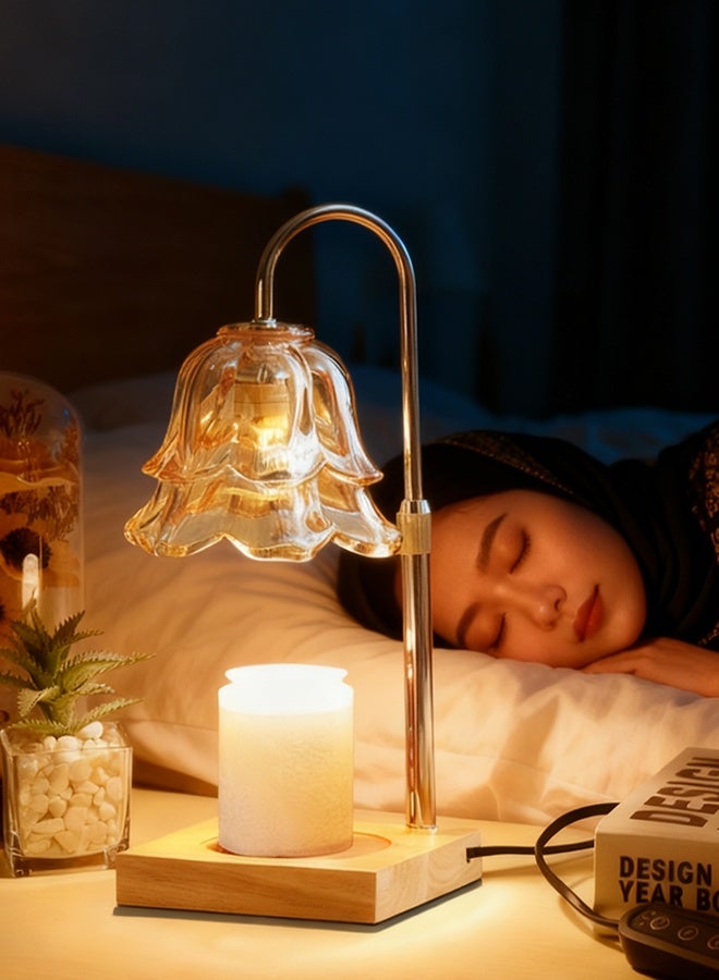 جيوان شمعة دافئة المصباح مع توقيت و Dimmer - قابل للتعديل الارتفاع الشمع يذوب دافئة، 4 مستويات سطوع، 2/4 / 8H توقيت، قاعدة الخشب والظل الزجاجي، ويشمل 2 GU10 مصابيح الهالوجين للديكور المنزلي - Image 3