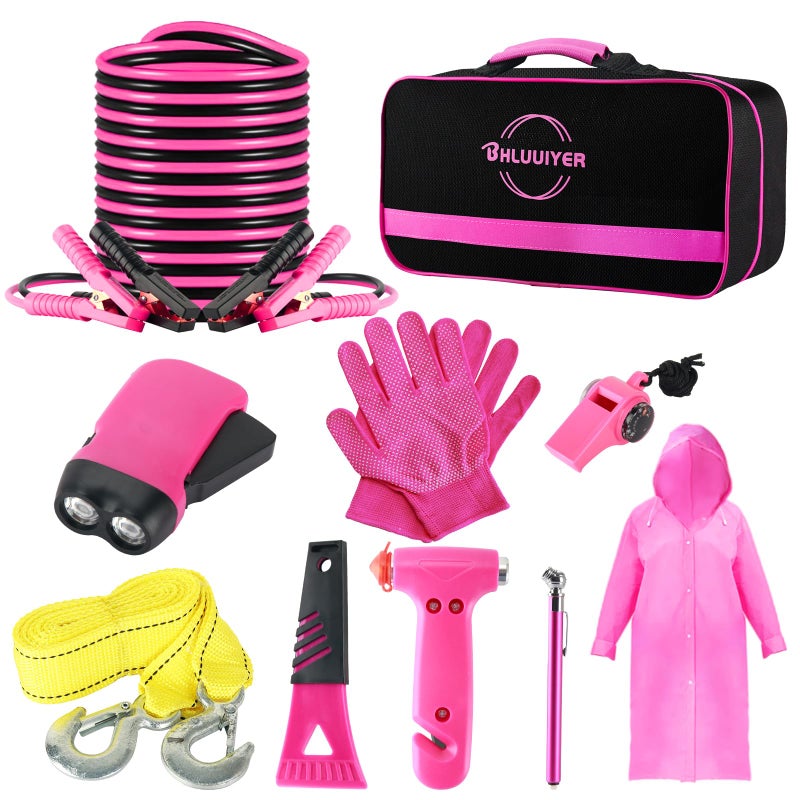 BHLUUIYER Car Emergency Kit Pink Roadside Emergency Car Kit with Jumper Cables Tow Rope Safety Hammer Pink Car Accessories for Women - Image 2