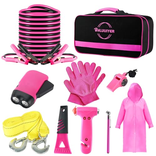 BHLUUIYER Car Emergency Kit Pink Roadside Emergency Car Kit with Jumper Cables Tow Rope Safety Hammer Pink Car Accessories for Women - Image 1