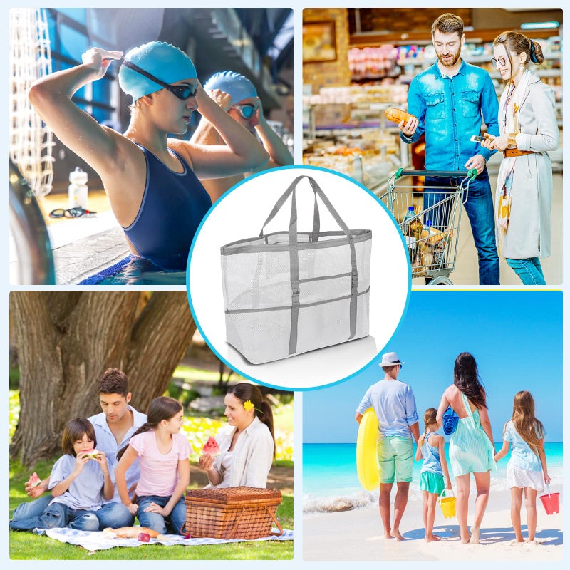 SRISE Mesh Beach Tote for Family - Large Beach Bag for Toys & Vacation Essentials - White - Image 5