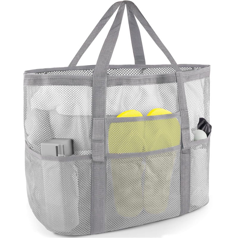 SRISE Mesh Beach Tote for Family - Large Beach Bag for Toys & Vacation Essentials - White - Image 1