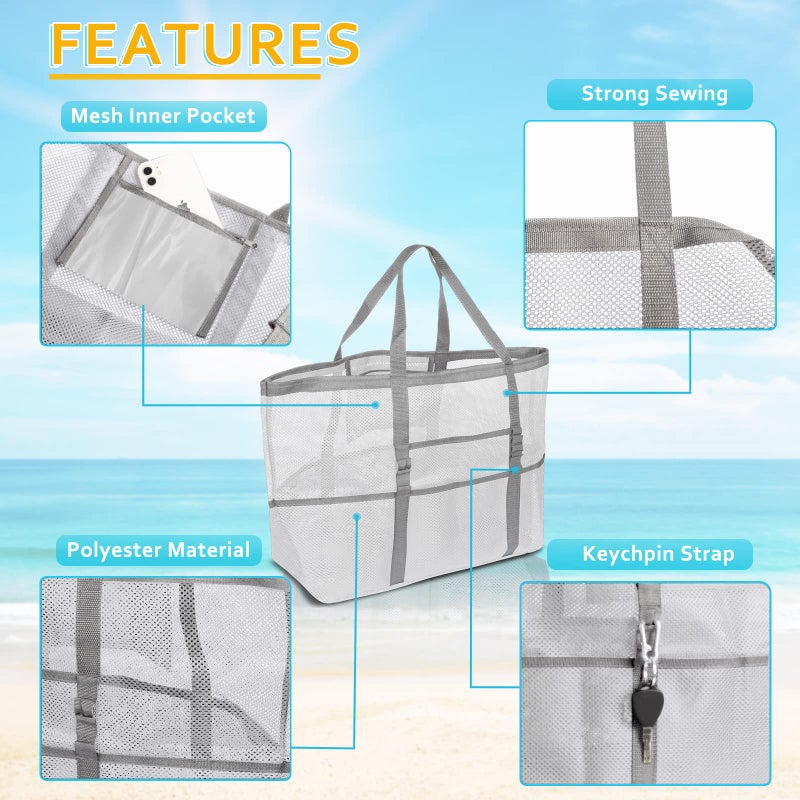 SRISE Mesh Beach Tote for Family - Large Beach Bag for Toys & Vacation Essentials - White - Image 4