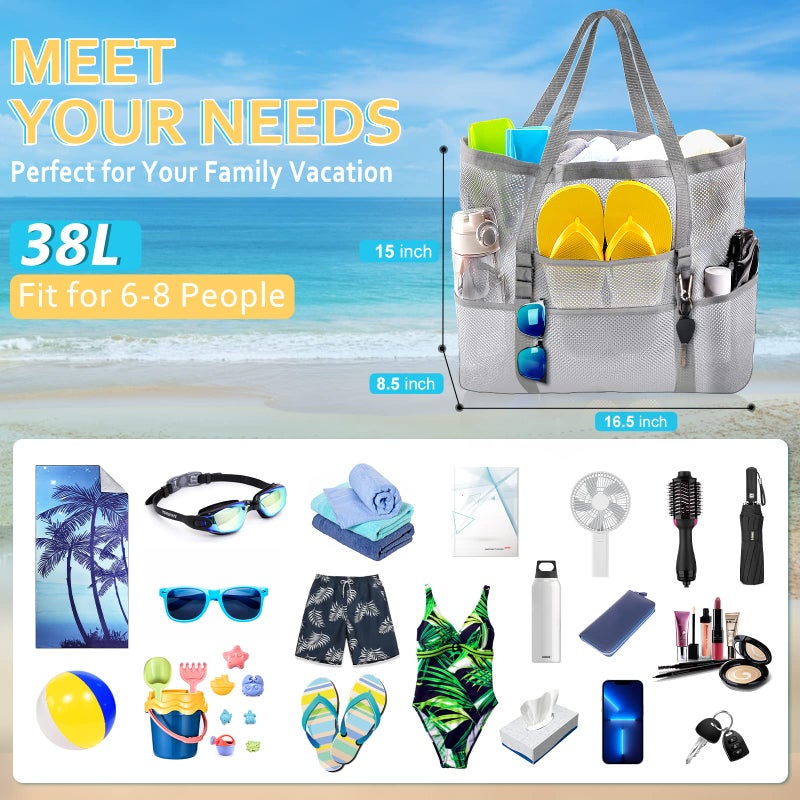 SRISE Mesh Beach Tote for Family - Large Beach Bag for Toys & Vacation Essentials - White - Image 2