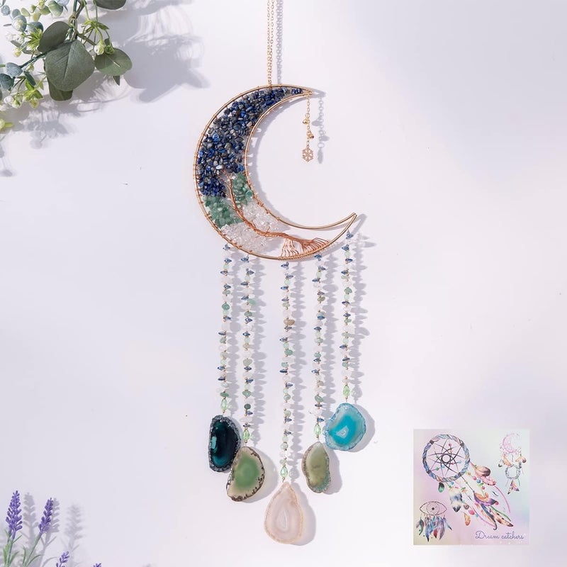 Dreamsum Agate Moon Dream Catchers with Crystal Life Tree Gemstone Dream Catchers Natural Gem Agate Wall Hangings Room Garden Dreamcatchers Decor (Colorful) - Image 1