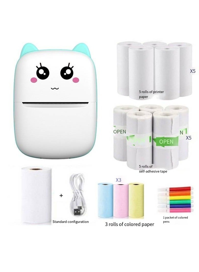 Mini Portable Thermal Printer, 1 Roll, 3 Rolls Of Color Paper +5 Rolls Of Thermal Paper +5 Rolls Of Self-Adhesive Paper + 1 Pack Of Color Pens - Image 1