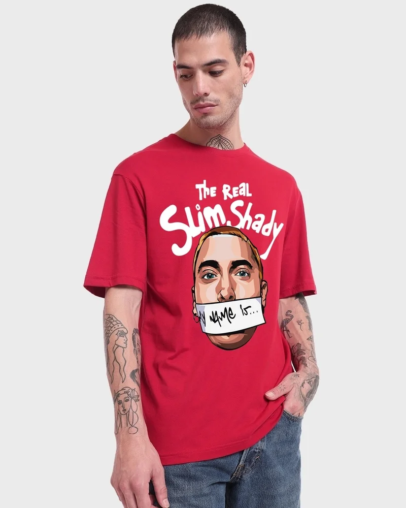 بيواكوف Men's Red Real Slim Shady Graphic Printed Oversized T-shirt