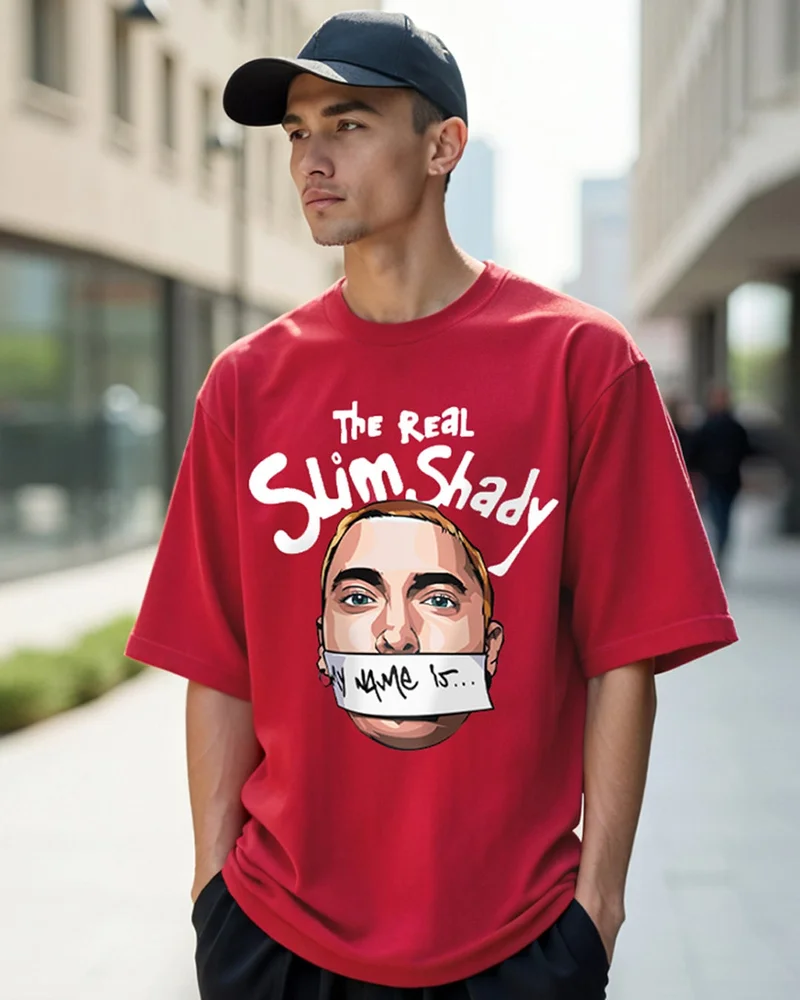 bewakoof Men's Red Real Slim Shady Graphic Printed Oversized T-shirt