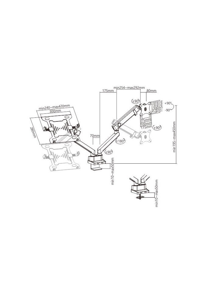 نيوستار ذراع شاشة مزدوج من الألومنيوم مع حامل لابتوب، ذراع نابض ميكانيكي نحيف، يناسب شاشات 17–32 بوصة، حركة كاملة مع إمالة ودوران وضبط ارتفاع، متوافق مع VESA 75x75/100x100، أسود (LDT20-C024ML) - Image 4