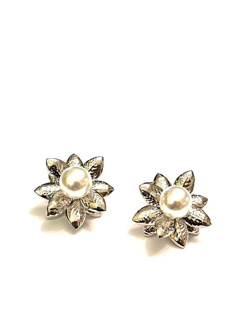 Trio Earrings Silver Pearl lotus earrings  - Image 3