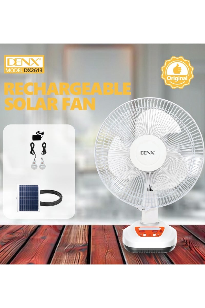 Denx 12 Inch High Speed Multifunctional Solar Powered Electric Table Fan with USB Port and LED Light - Image 1
