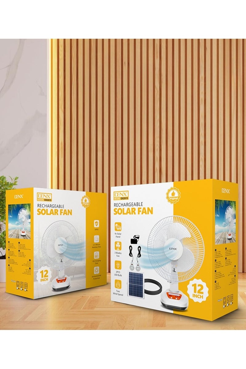 Denx 12 Inch High Speed Multifunctional Solar Powered Electric Table Fan with USB Port and LED Light - Image 2