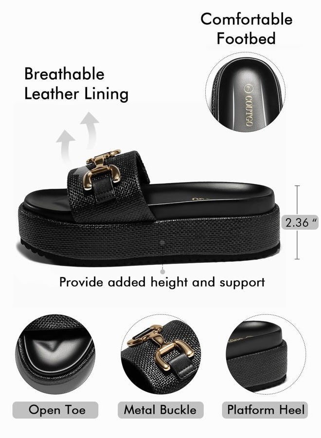 Coutgo Womens Platform Sandals Raffia Espadrilles Metal Chain Slip on Open Toe Cute Beach Slide Sandals, Black, 9.5 - Image 4