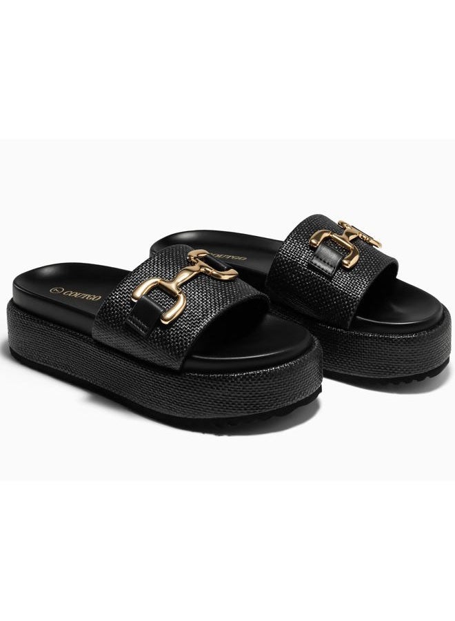 Coutgo Womens Platform Sandals Raffia Espadrilles Metal Chain Slip on Open Toe Cute Beach Slide Sandals, Black, 9.5 - Image 5