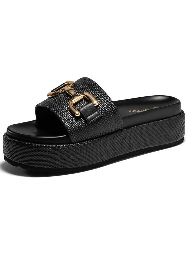 Coutgo Womens Platform Sandals Raffia Espadrilles Metal Chain Slip on Open Toe Cute Beach Slide Sandals, Black, 9.5 - Image 1