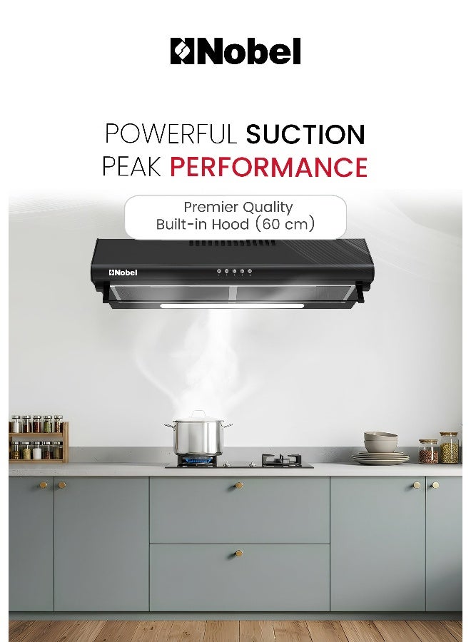 Nobel 60cm Built-In Slim Cooker Hood 220 m³/h Suction, Black Chimney, Push Button Control, 3 Speed Ventilation, Carbon Filter – (1 Year Warranty) Built-In 65 W NCH60B Black - Image 2