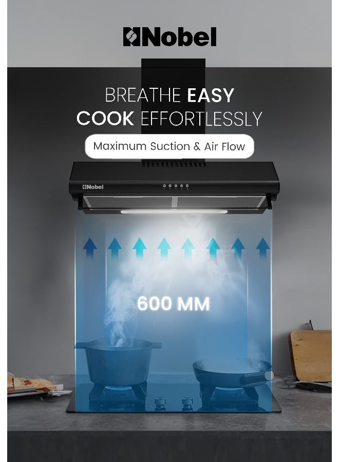 Nobel 60cm Built-In Slim Cooker Hood 220 m³/h Suction, Black Chimney, Push Button Control, 3 Speed Ventilation, Carbon Filter – (1 Year Warranty) Built-In 65 W NCH60B Black - Image 4