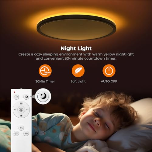 Matane Flush Mount Ceiling Light Fixture with Remote Control, Nightlight 8.7 Inch 18W 3000K-6500K Adjustable, Led Low Profile Ceiling Lights for Bedroom, Living Room,Dining Room, Kitchen, Round Black - Image 4